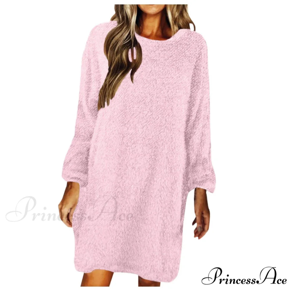 Women’s Casual Floral Splicing Printed Round Neck Midi 2024 New Spring Autumn Fashion Loose Long Sleeve Dress Pink / S