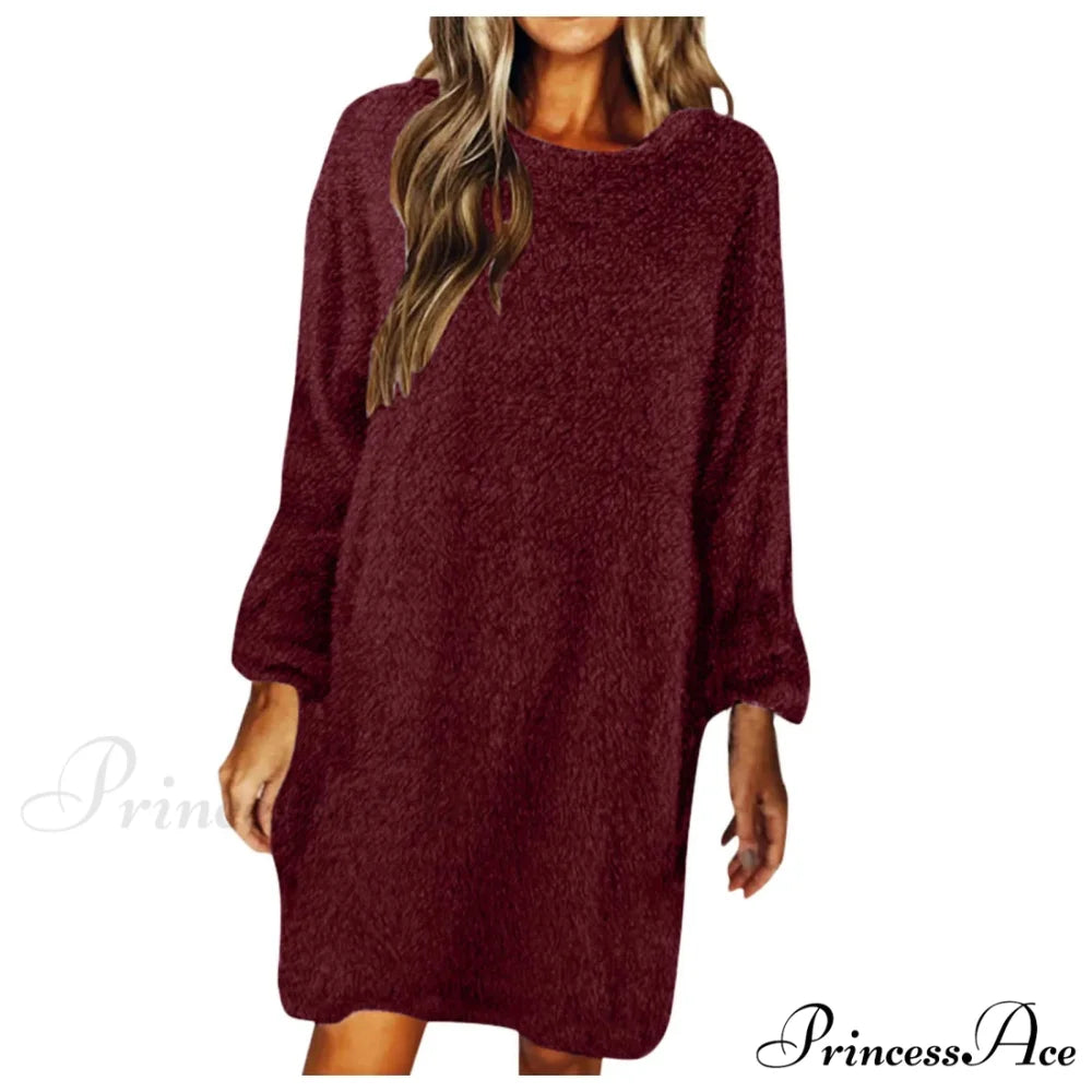 Women’s Casual Floral Splicing Printed Round Neck Midi 2024 New Spring Autumn Fashion Loose Long Sleeve Dress Wine / S