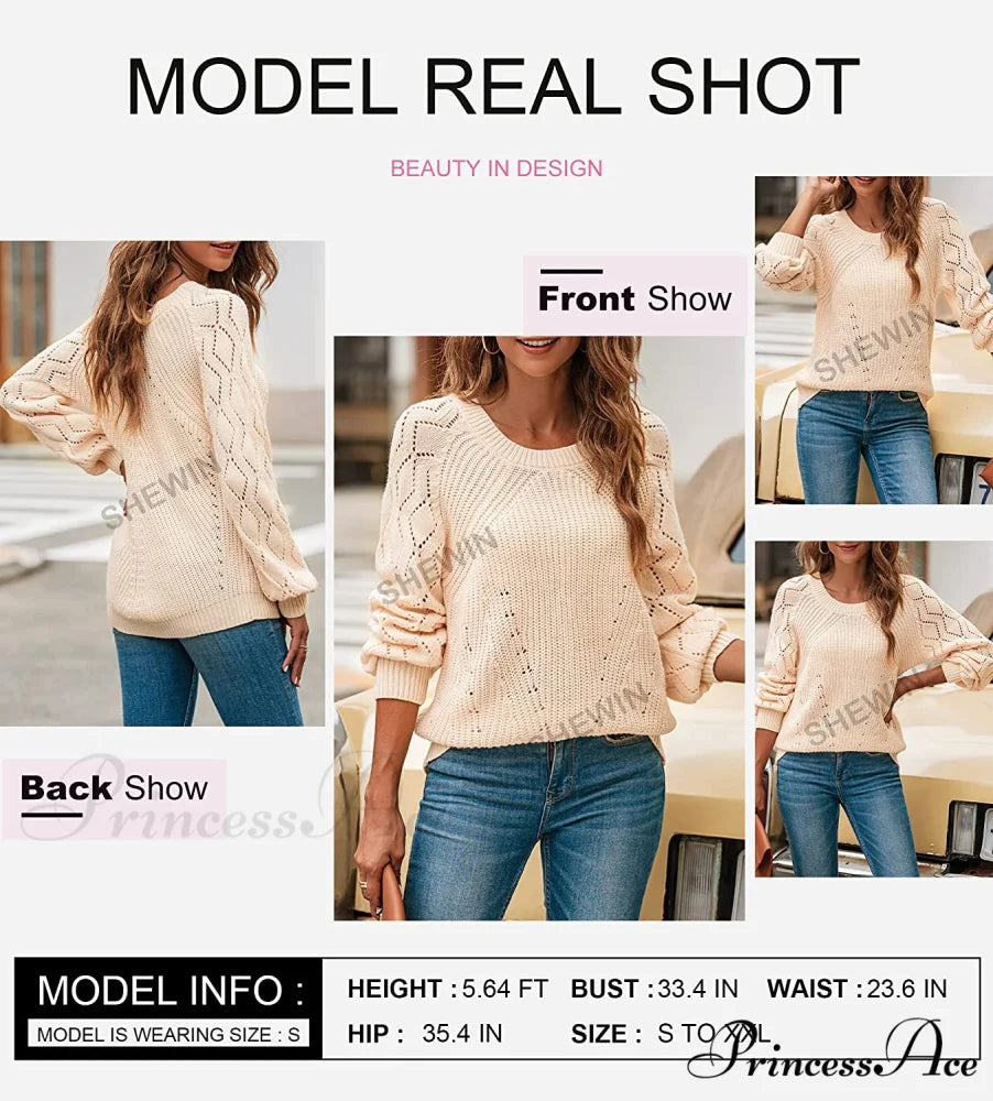 Women’s Casual Long Sleeve Crewneck Crochet Sweater