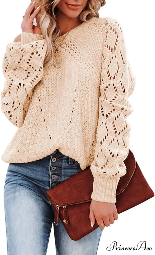 Women’s Casual Long Sleeve Crewneck Crochet Sweater