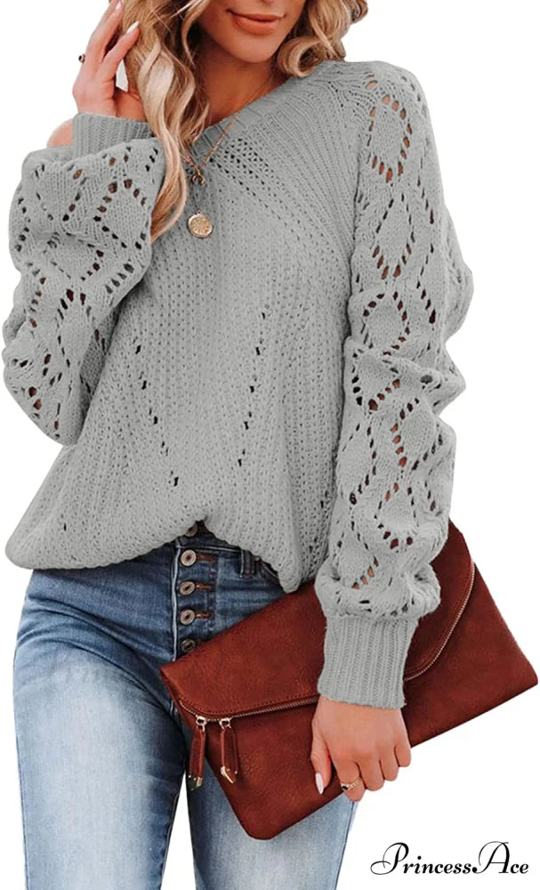 Women’s Casual Long Sleeve Crewneck Crochet Sweater B Grey / Large
