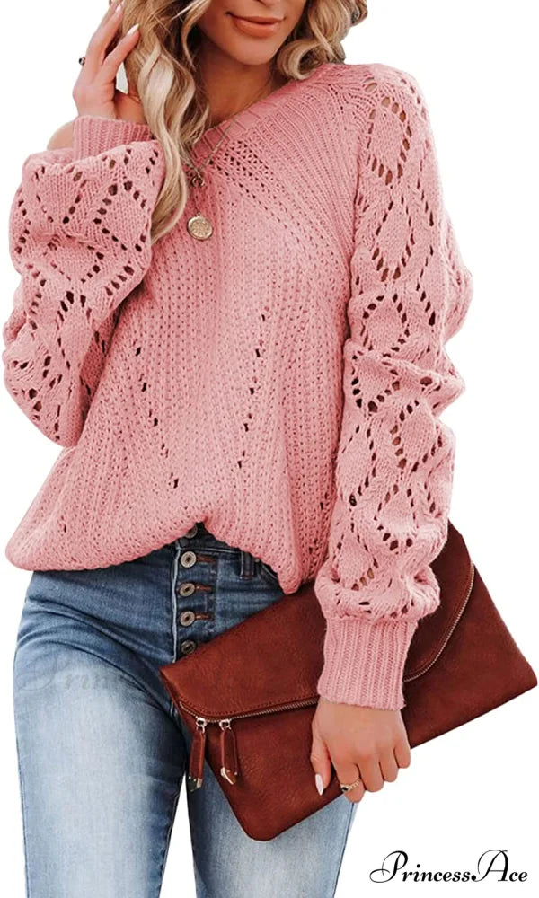 Women’s Casual Long Sleeve Crewneck Crochet Sweater B Pink / Large