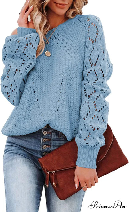 Women’s Casual Long Sleeve Crewneck Crochet Sweater B Sky Blue / Large