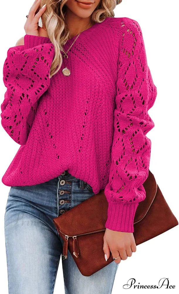 Women’s Casual Long Sleeve Crewneck Crochet Sweater D Hot Pink / Large