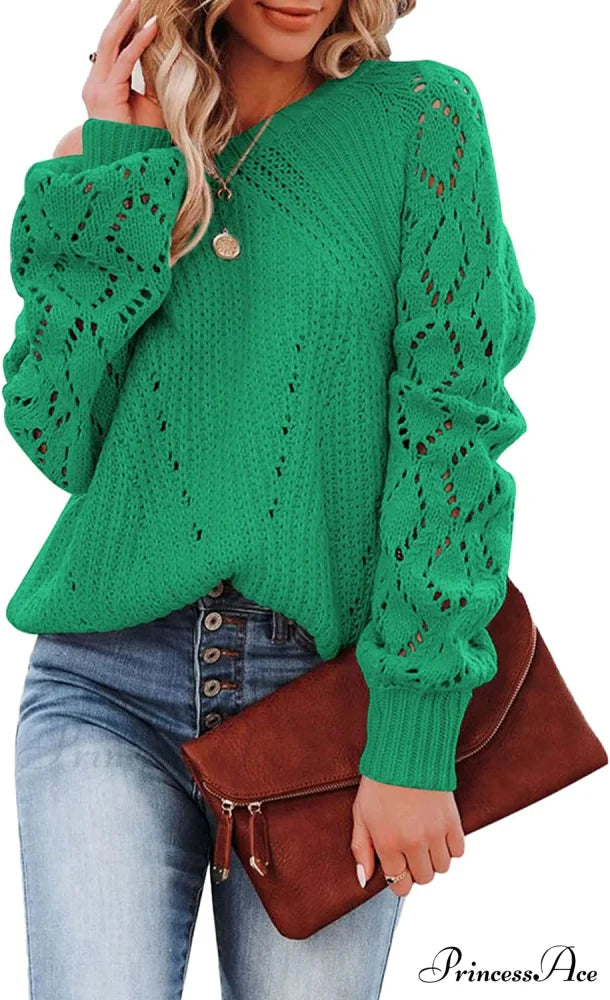 Women’s Casual Long Sleeve Crewneck Crochet Sweater E Deep Green / Large