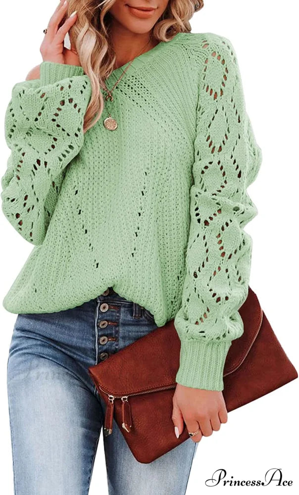 Women’s Casual Long Sleeve Crewneck Crochet Sweater E Light Green / Medium