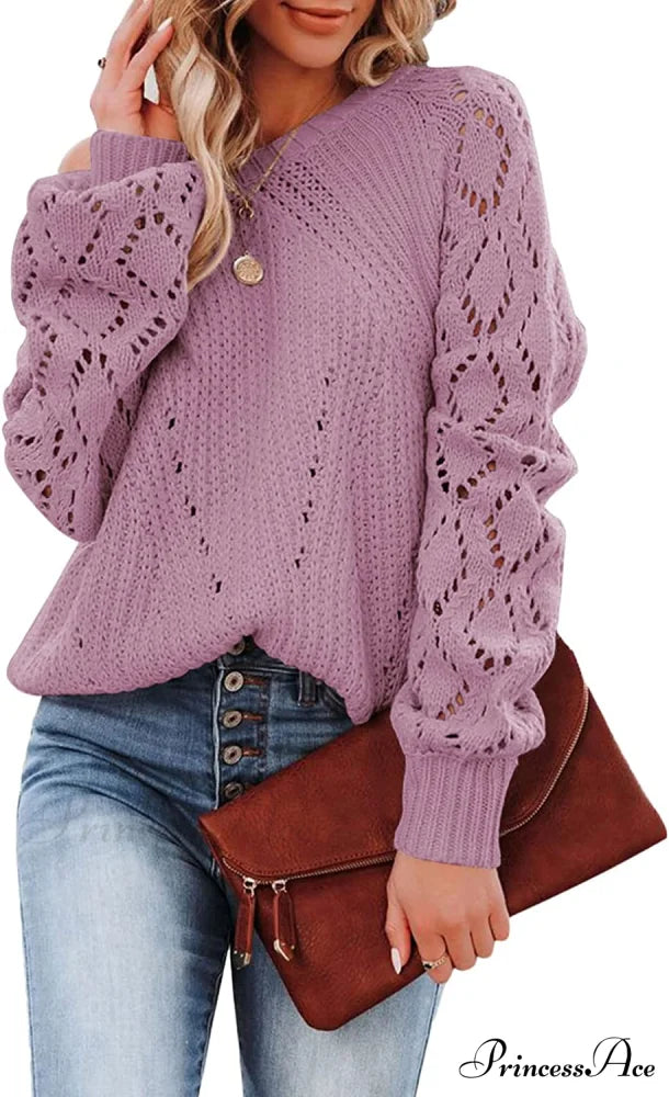 Women’s Casual Long Sleeve Crewneck Crochet Sweater E Light Purple / Large
