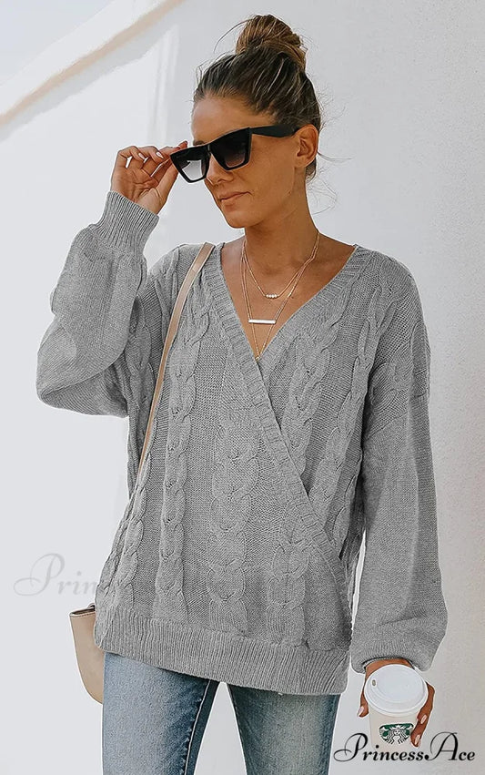 Women’s Casual Long Sleeve Deep V Neck Wrap Pullover Sweater