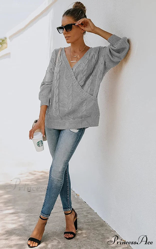 Women’s Casual Long Sleeve Deep V Neck Wrap Pullover Sweater
