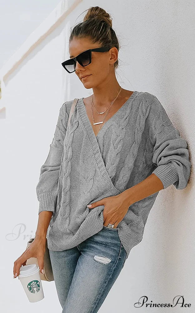 Women’s Casual Long Sleeve Deep V Neck Wrap Pullover Sweater