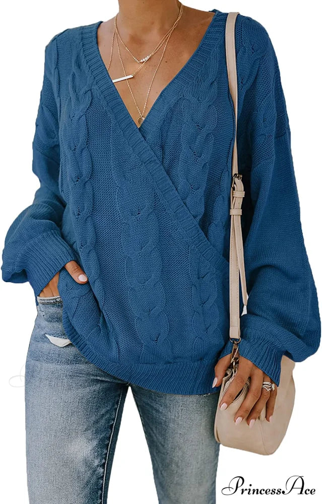 Women’s Casual Long Sleeve Deep V Neck Wrap Pullover Sweater Blue / X-Large