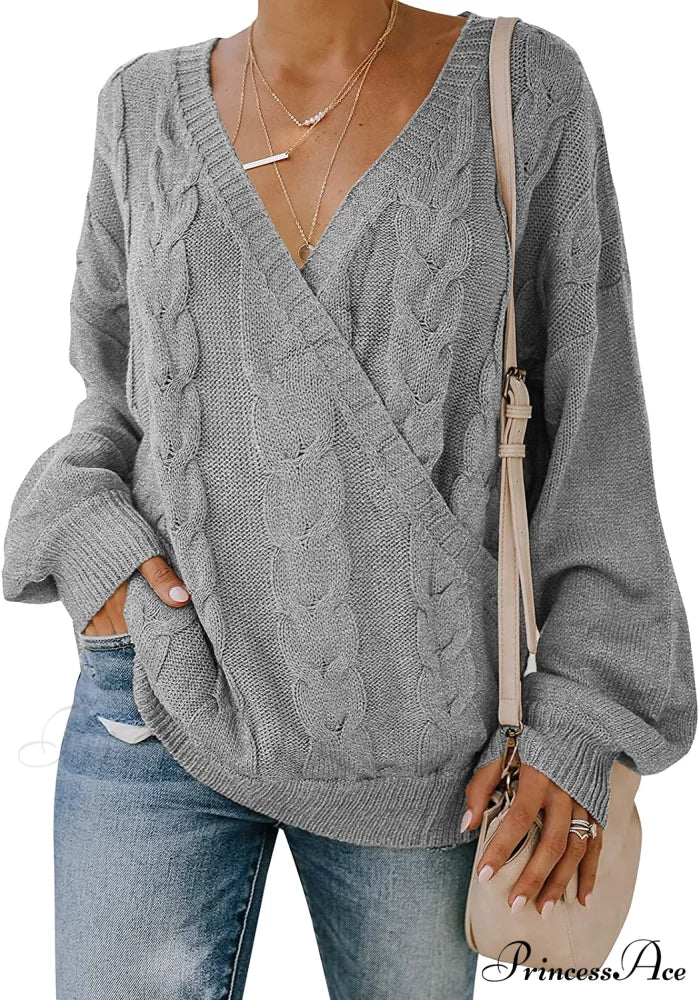 Women’s Casual Long Sleeve Deep V Neck Wrap Pullover Sweater Grey / X-Large