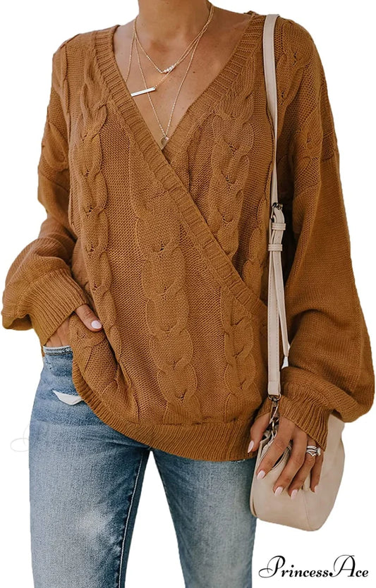 Women’s Casual Long Sleeve Deep V Neck Wrap Pullover Sweater Khaki / X-Large