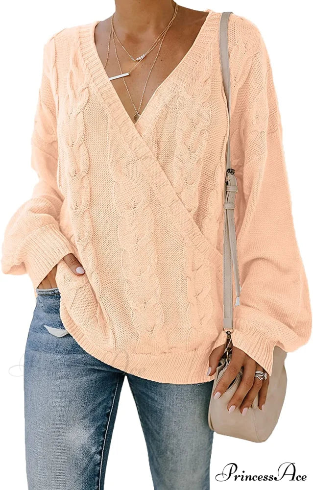 Women’s Casual Long Sleeve Deep V Neck Wrap Pullover Sweater Pink / X-Large