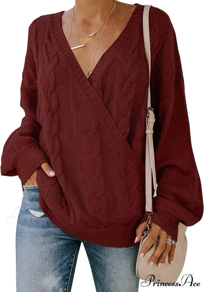 Women’s Casual Long Sleeve Deep V Neck Wrap Pullover Sweater Wine Red / Small