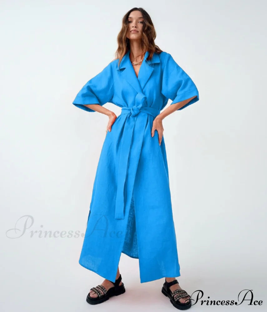 Women’s Casual Loose Half Sleeve Cotton Linen Office Blazers Dress L / BLUE