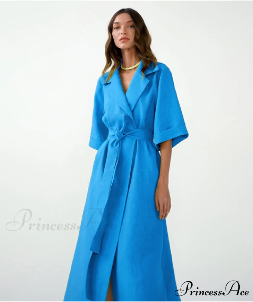 Women’s Casual Loose Half Sleeve Cotton Linen Office Blazers Dress M / BLUE