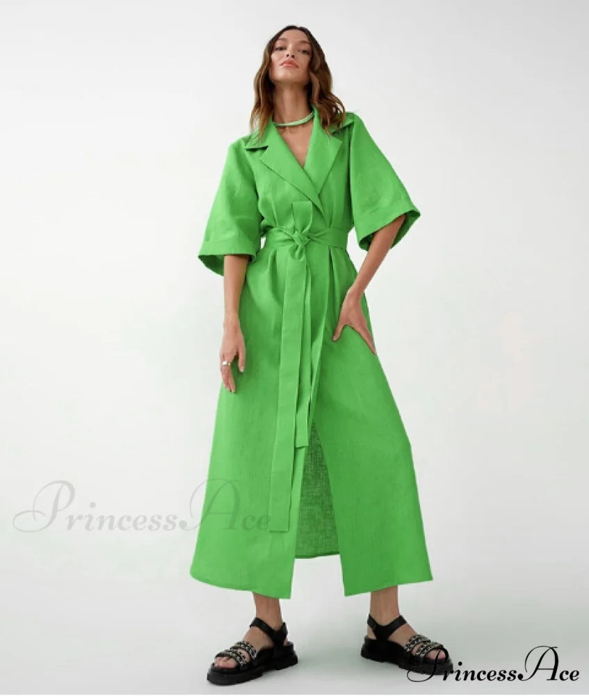 Women’s Casual Loose Half Sleeve Cotton Linen Office Blazers Dress M / GREEN