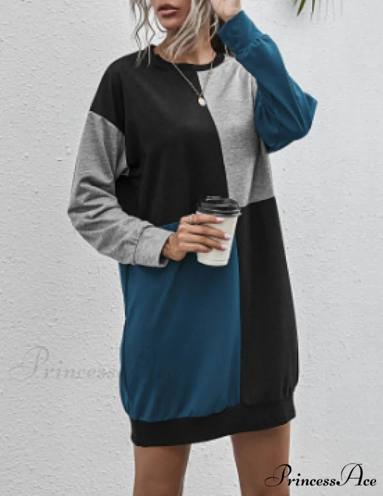 Womens Casual Pullover Sweater Long Sleeve Colorblock Top Dress S / BLUE