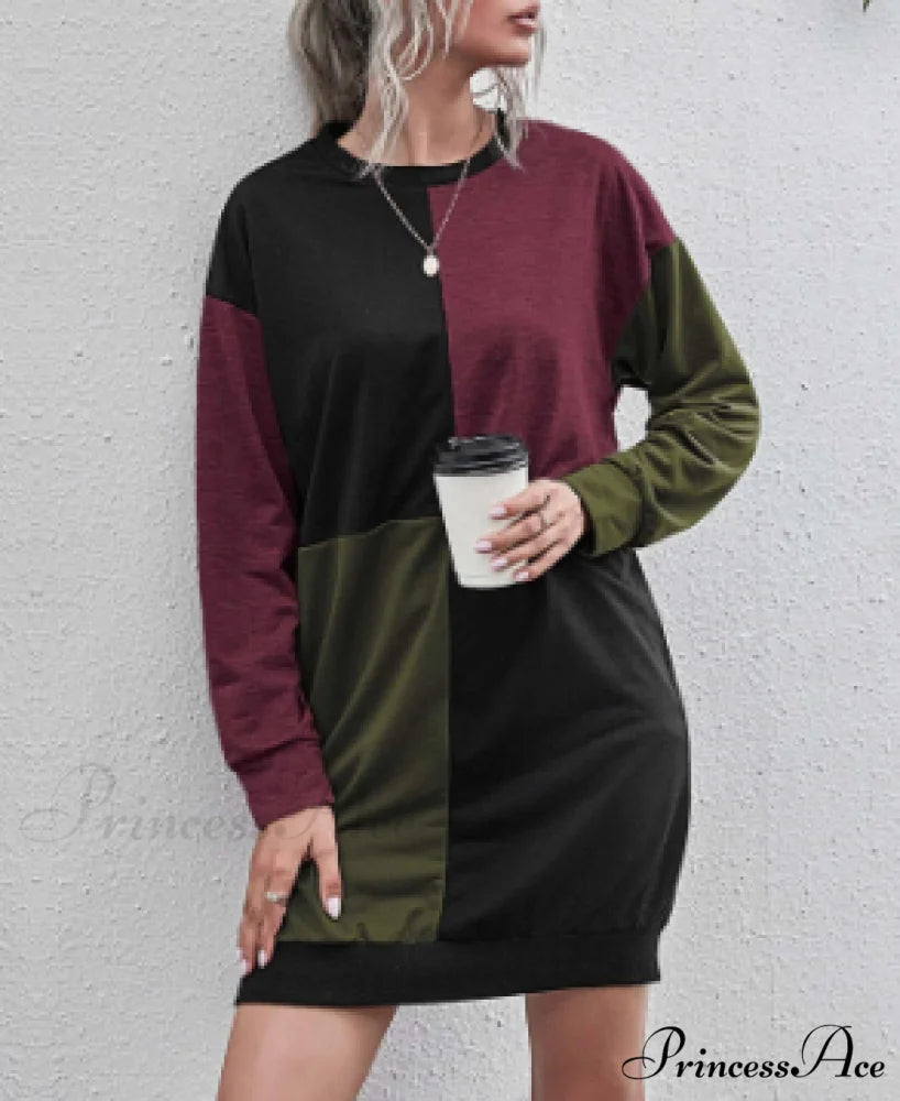 Womens Casual Pullover Sweater Long Sleeve Colorblock Top Dress S / GREEN