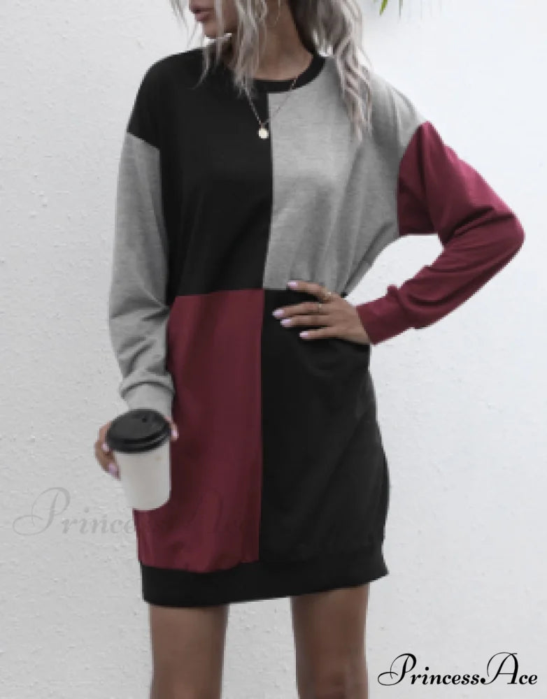 Womens Casual Pullover Sweater Long Sleeve Colorblock Top Dress S / RED