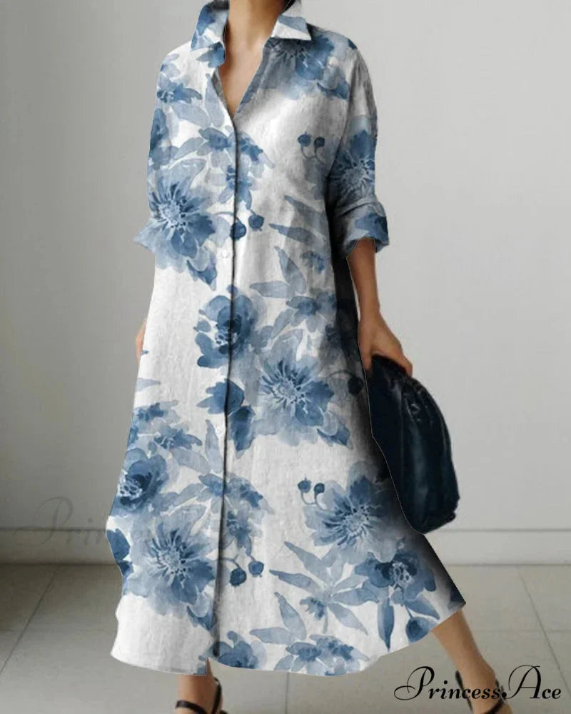 Women’s Collar Extended Sleeve Flower Pattern Shirt Dress color10 / S oldfloraldress-250126