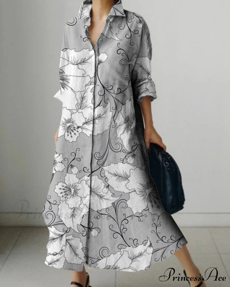Women’s Collar Extended Sleeve Flower Pattern Shirt Dress color3 / S oldfloraldress-250126