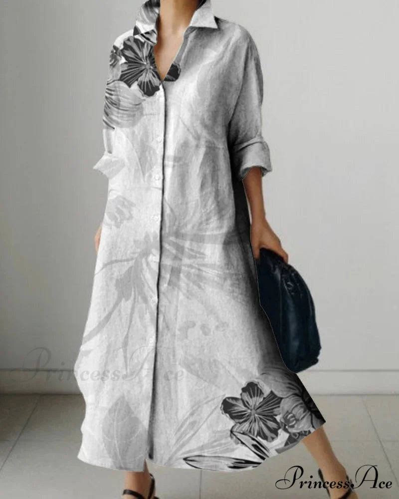 Women’s Collar Extended Sleeve Flower Pattern Shirt Dress color5 / S oldfloraldress-250126