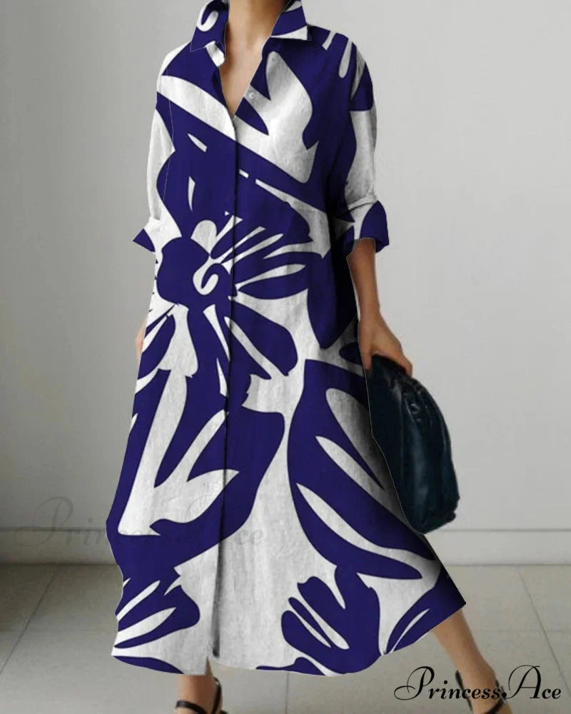 Women’s Collar Extended Sleeve Flower Pattern Shirt Dress color6 / S oldfloraldress-250126