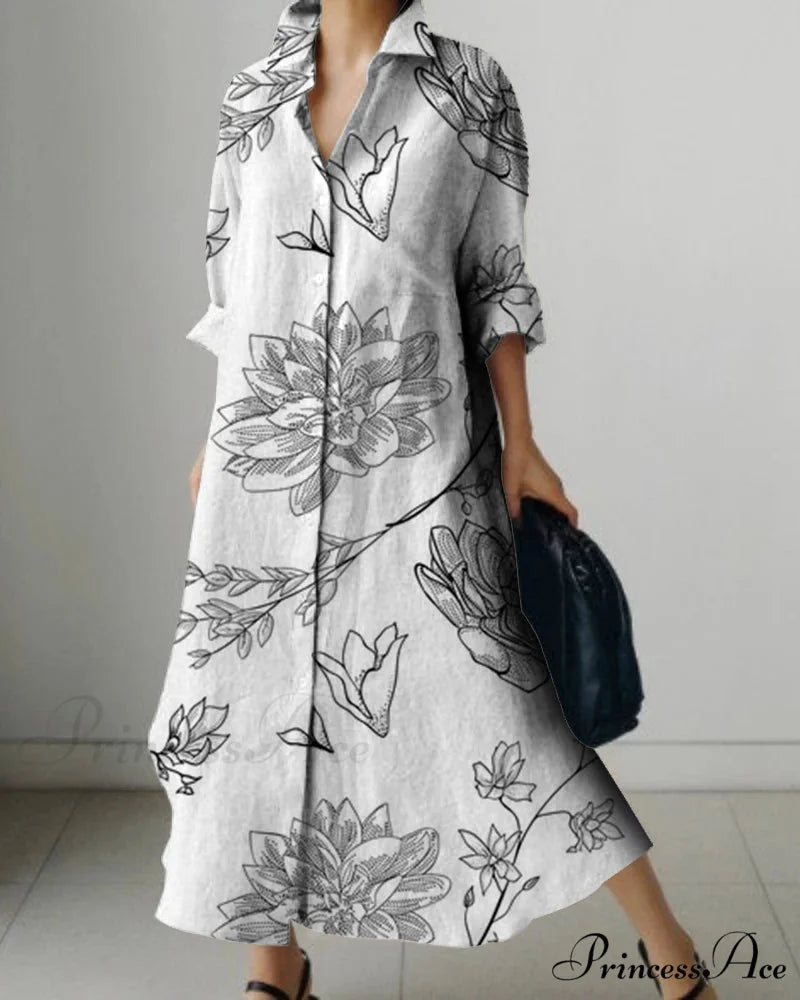 Women’s Collar Extended Sleeve Flower Pattern Shirt Dress color7 / S oldfloraldress-250126