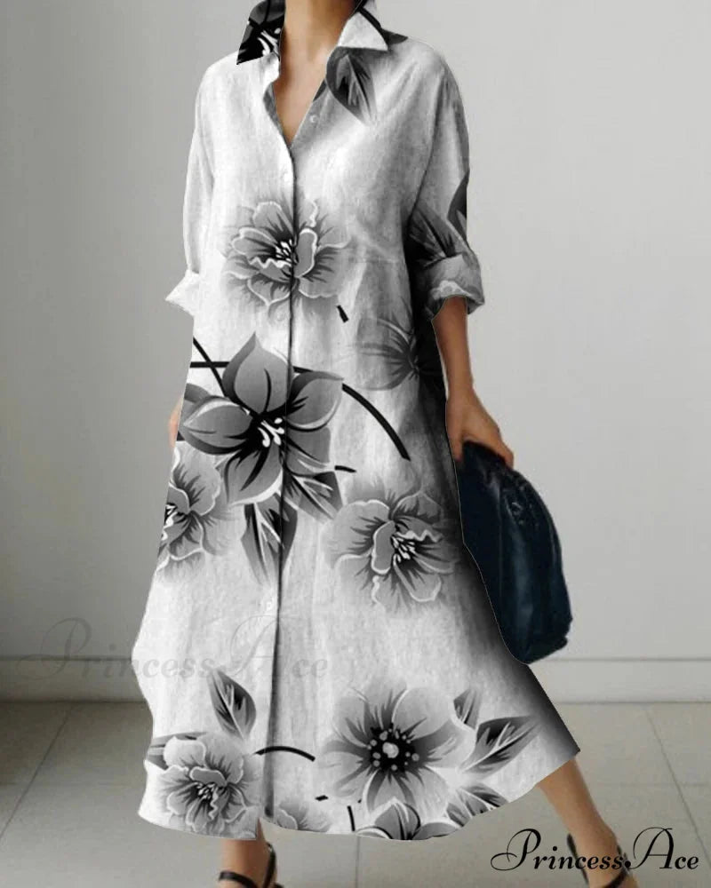 Women’s Collar Extended Sleeve Flower Pattern Shirt Dress color8 / S oldfloraldress-250126