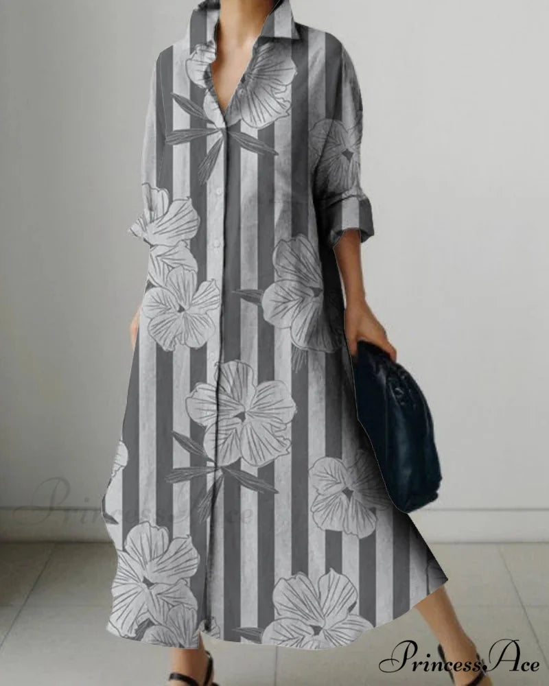 Women’s Collar Extended Sleeve Flower Pattern Shirt Dress color9 / S oldfloraldress-250126