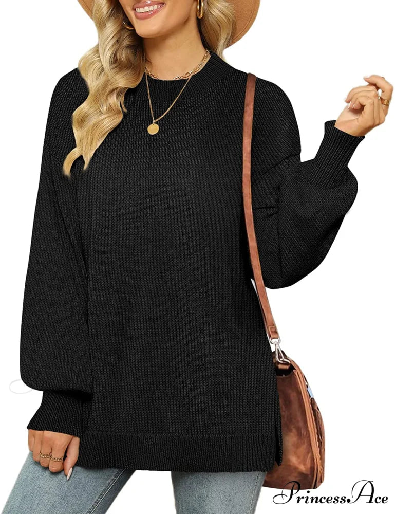 Women’s Crew Neck Lantern Sleeves Side Slit Ribbed Sweater 01-black / Medium