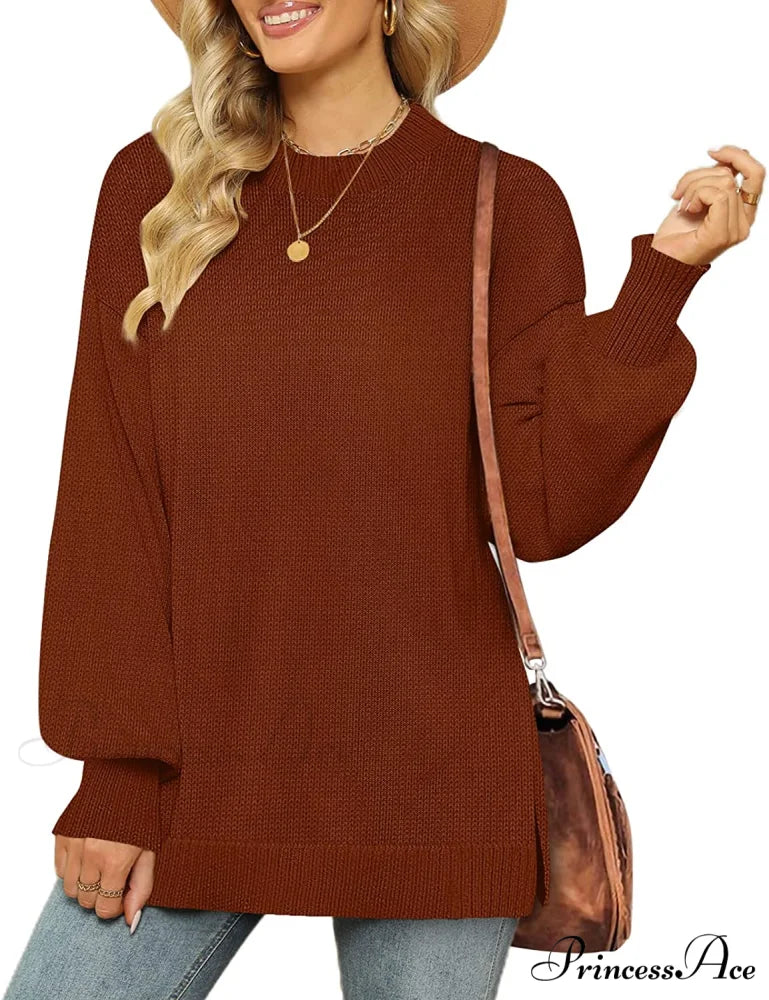 Women’s Crew Neck Lantern Sleeves Side Slit Ribbed Sweater 03-caramel / Medium