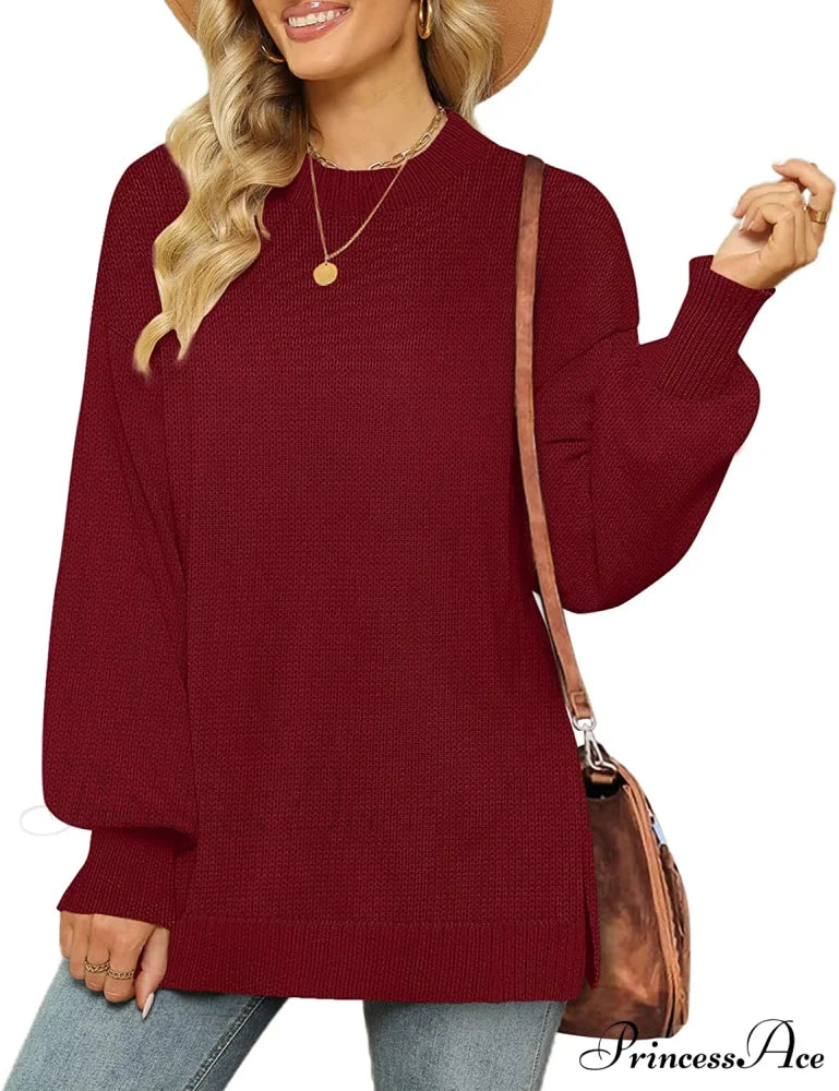 Women’s Crew Neck Lantern Sleeves Side Slit Ribbed Sweater 04-wine / Medium