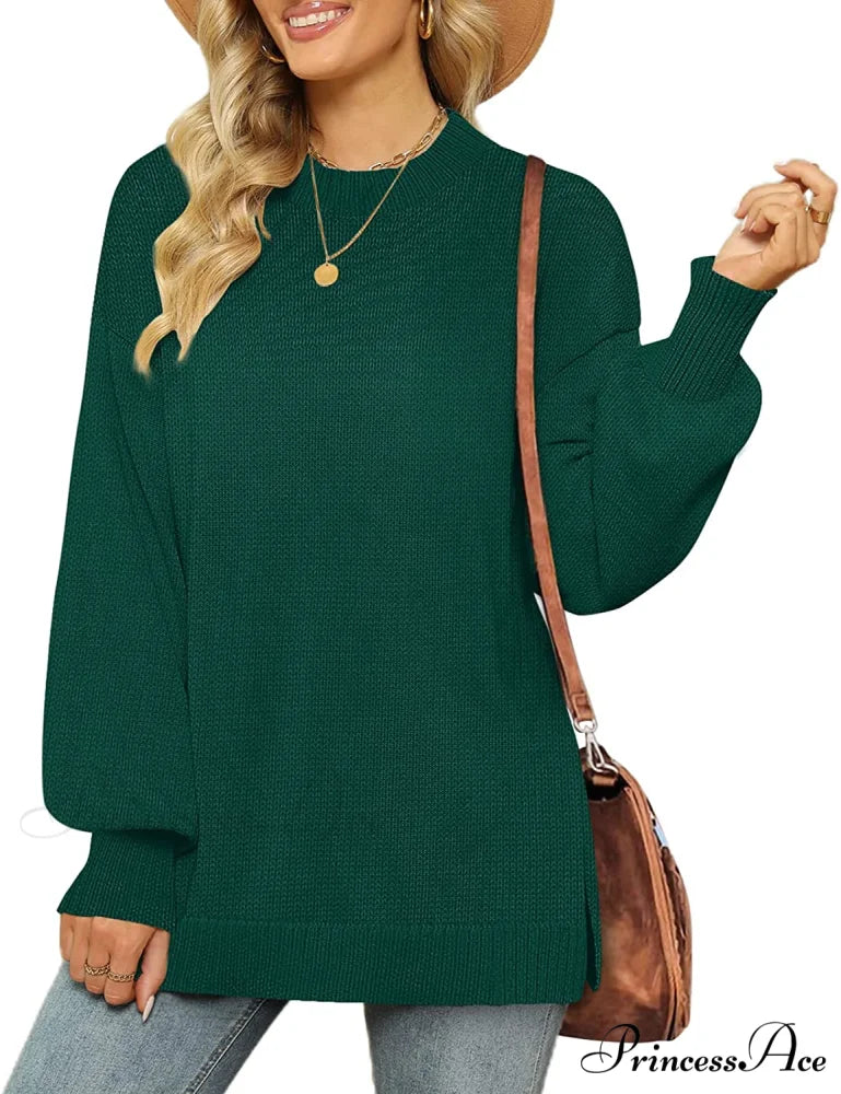 Women’s Crew Neck Lantern Sleeves Side Slit Ribbed Sweater 05-green / Medium