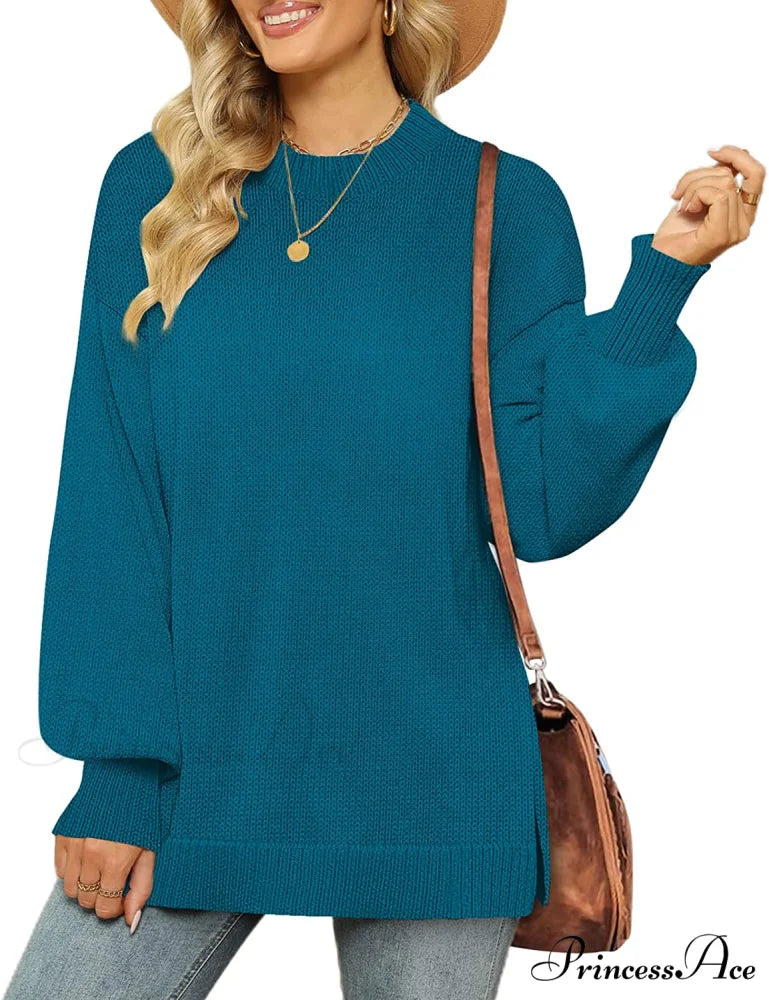 Women’s Crew Neck Lantern Sleeves Side Slit Ribbed Sweater 06-blue / Medium