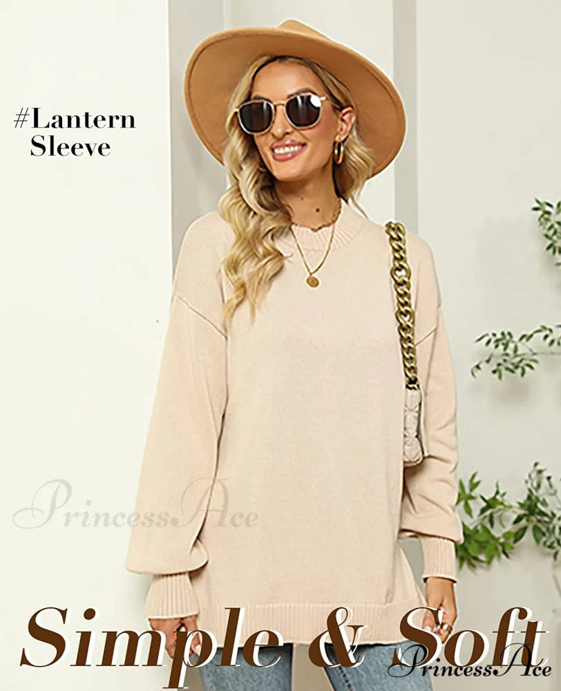 Women’s Crew Neck Lantern Sleeves Side Slit Ribbed Sweater