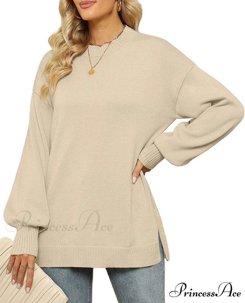 Women’s Crew Neck Lantern Sleeves Side Slit Ribbed Sweater