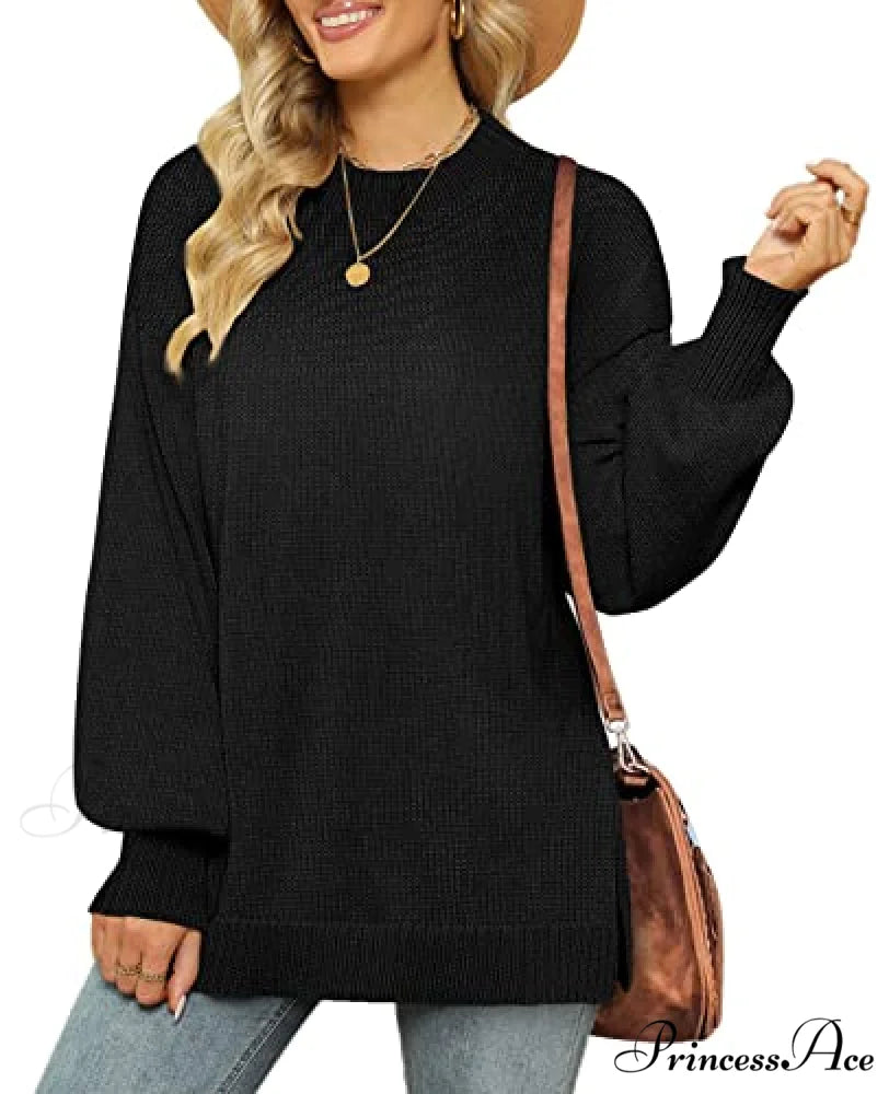 Women’s Crew Neck Lantern Sleeves Side Slit Ribbed Sweater