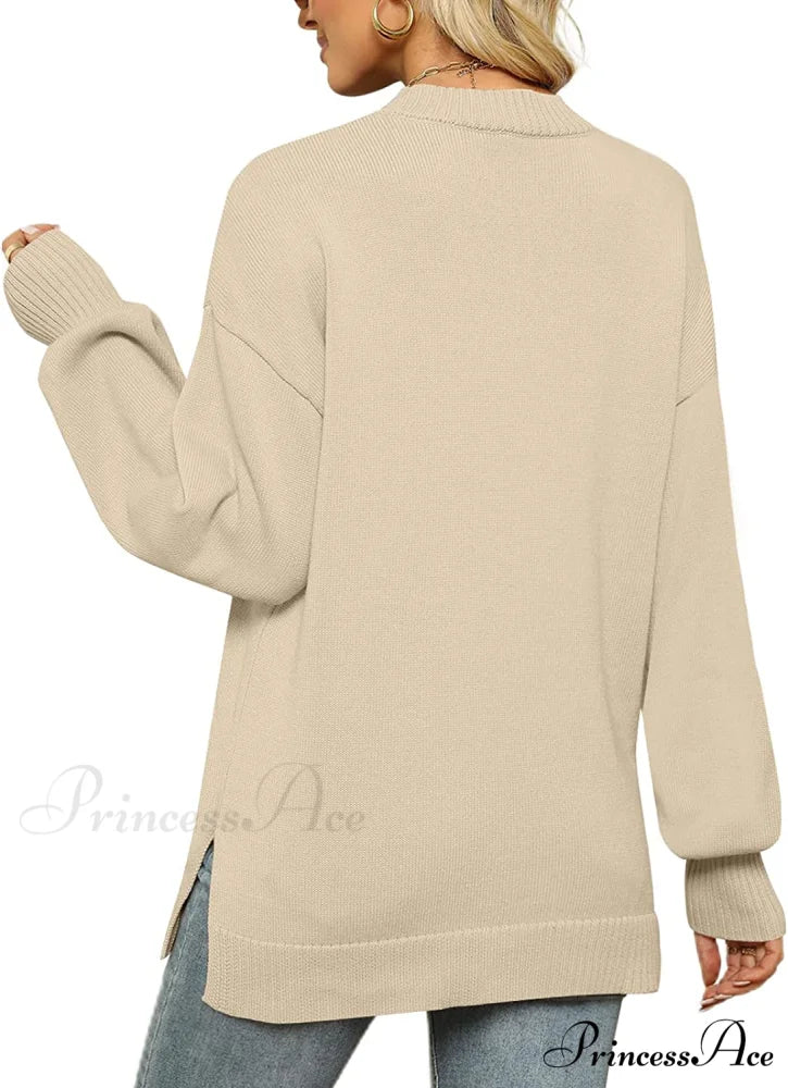 Women’s Crew Neck Lantern Sleeves Side Slit Ribbed Sweater