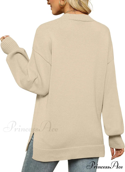 Women’s Crew Neck Lantern Sleeves Side Slit Ribbed Sweater