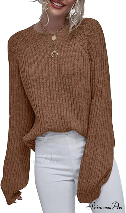 Womens Crew Neck Pullover Oversized Sweater Brown / Large
