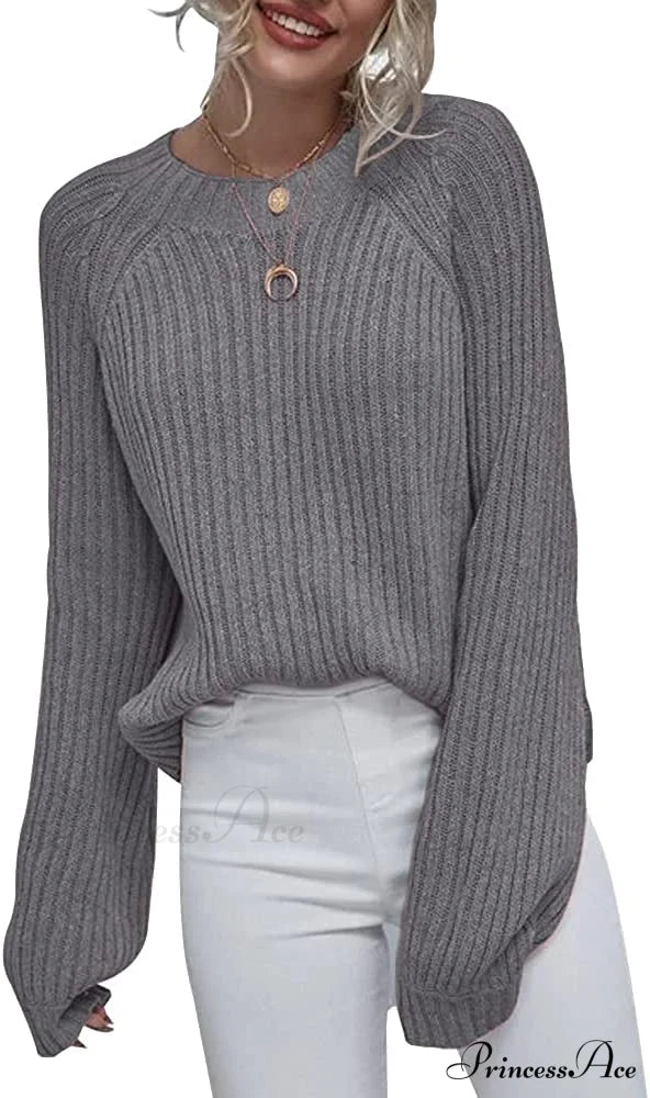 Womens Crew Neck Pullover Oversized Sweater Grey / Large