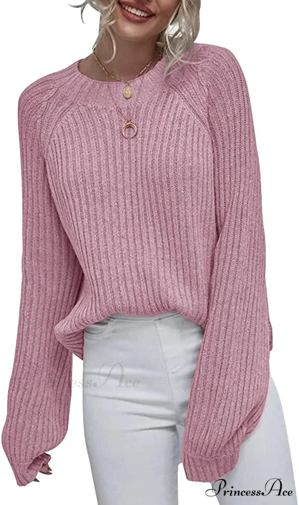 Womens Crew Neck Pullover Oversized Sweater Pink / Large