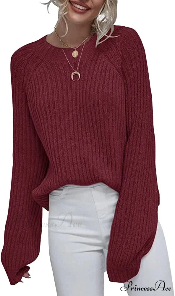 Womens Crew Neck Pullover Oversized Sweater Wine Red / Large