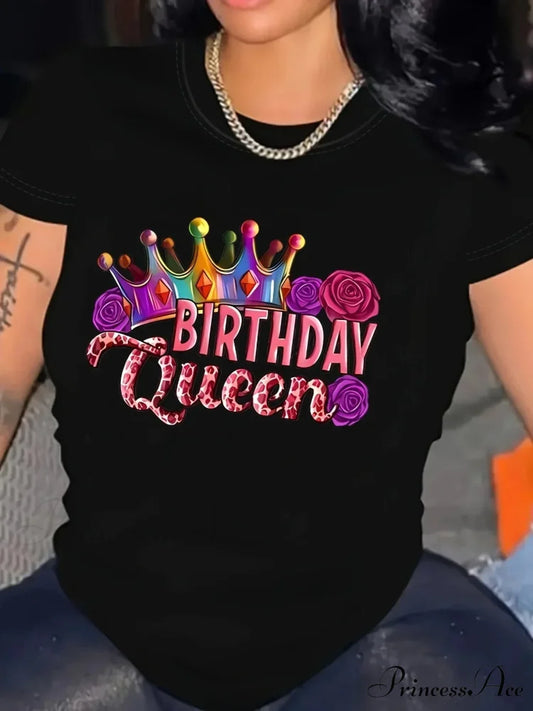 Women’s Crew Neck Short Sleeve Top For Summer & Spring Birthday Queen Graphic Print T-shirt BLACK / S