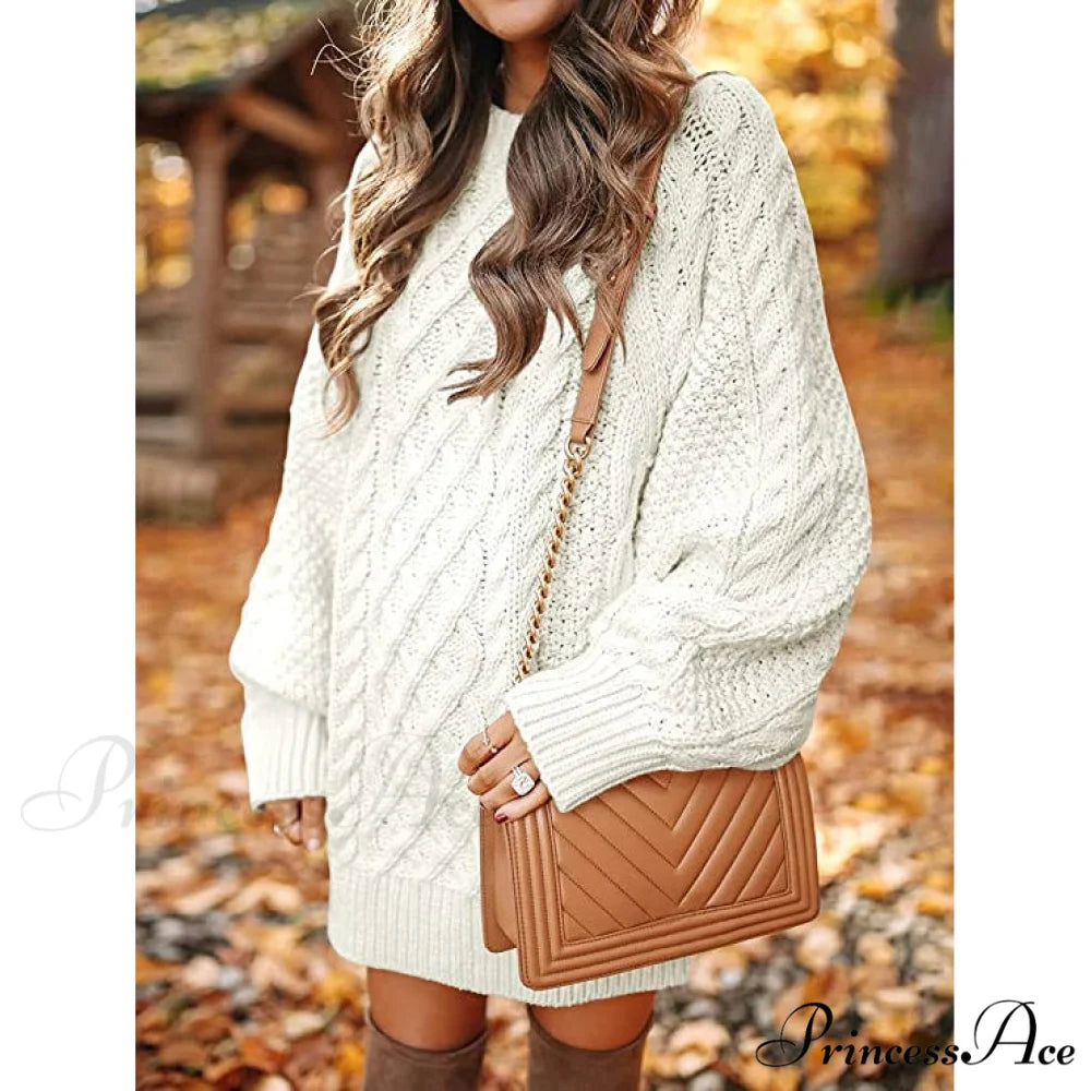 Women’s Crewneck Cable Knit Chunky Pullover Sweater Dress