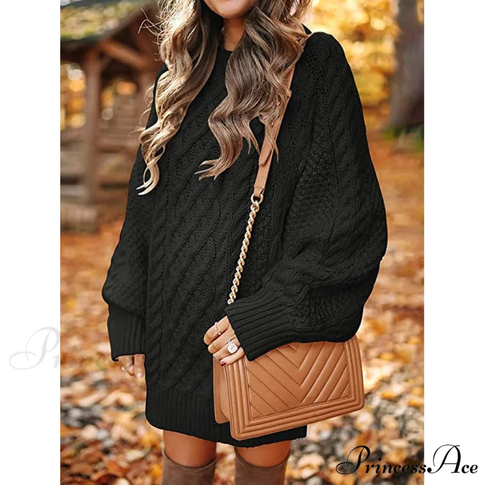 Women’s Crewneck Cable Knit Chunky Pullover Sweater Dress