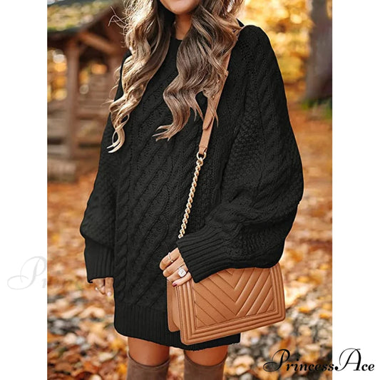 Women’s Crewneck Cable Knit Chunky Pullover Sweater Dress